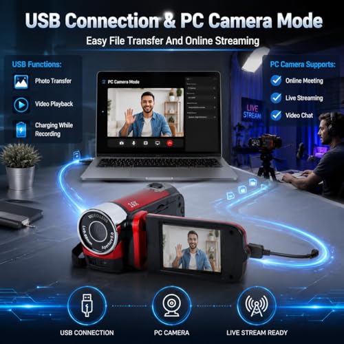 CamCrorder 4K Vintage, Caméscope Rétro 48MP, Caméra DV 2,7 Pouces TFT Écran Rotatif 16x Caméra Vidéo de Zoom Numérique avec Câble USB (Rouge)
