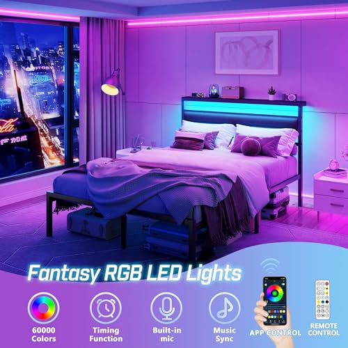 Image of OURPIC Full Size Bed Frame, Bed Frame Full with LED Lights and Charging Station Headboard, Metal Platform Bedframe and Dark Gray Storage Shelf, No Box Spring Needed, Noise Free
