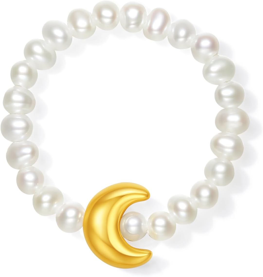 18K Real Gold Crescent Moon Rings White Freshwater Pearl Beaded Stretch Ring Stackable Cute Jewelry for Women Girlfriends Bride Daughter Gifts Birthday Party X0115191