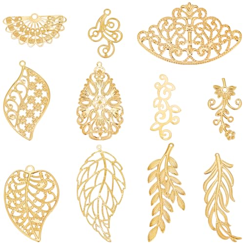 SUNNYCLUE 1 Box 88Pcs Gold Filigree Charms Filigree Leaf Charm Filigree Metal Charms Hollow Leaves Charms Filigree Connector Charms Filigree Connectors for jewellery Making Charms DIY Earring Bracelet