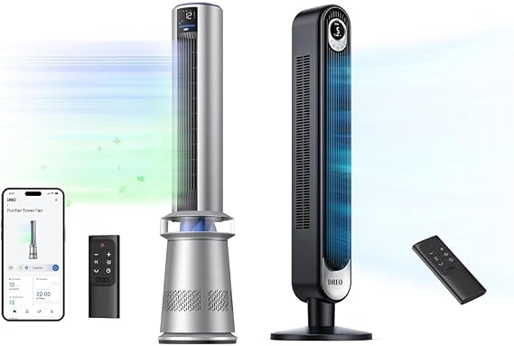 Dreo Air Purifier Tower Fan 45 2-in-1 Smart Fan for Bedroom and 42 Cruiser Pro T1 Quiet Oscillating Bladeless Fan with Remote