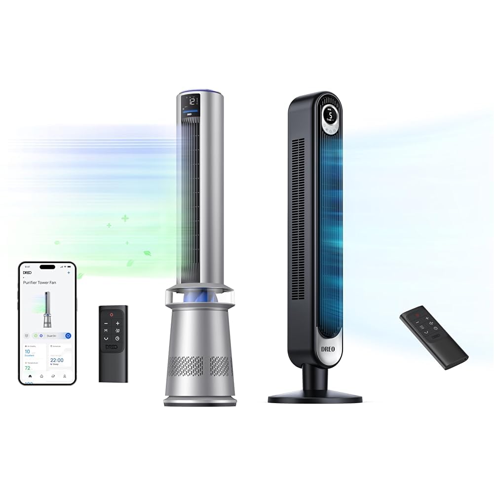 Dreo Air Purifier Tower Fan 45 2-in-1 Smart Fan for Bedroom and 42 Cruiser Pro T1 Quiet Oscillating