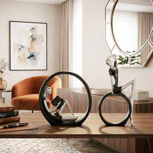 Image of Kuber Industries Resin Sitting Ring Girl Sculpture Idol | Reading Girl Statue Ornaments for Home /Office /Living Room /Table /Bookshelf /Desk | Black & Silver