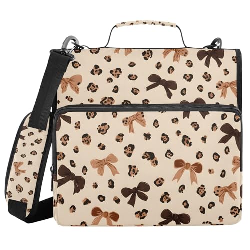 Image of 3 Ring Zipper Binder with Shoulder Strap Leopard Print Bow Pattern 1.5 inch Binders Keeper Large Capacity Multi Pockets for School Office Supplies
