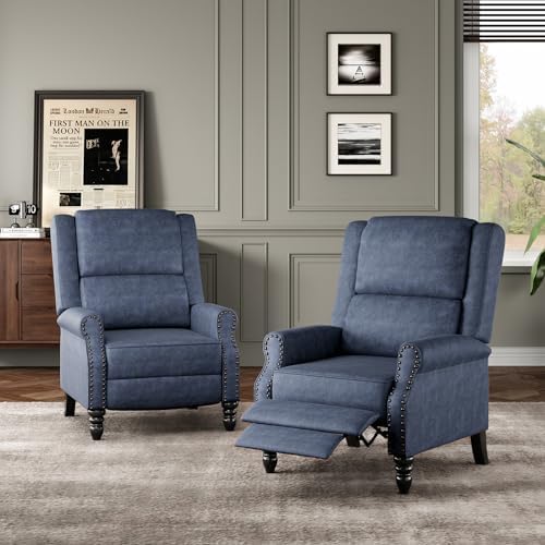 Image of Leather Recliner Chair with Adjustable Backrest & Footrest, Blue | Adjustable Backrest & Footrest, Medieval Style Overstuffed Arms, Quality Faux Leather