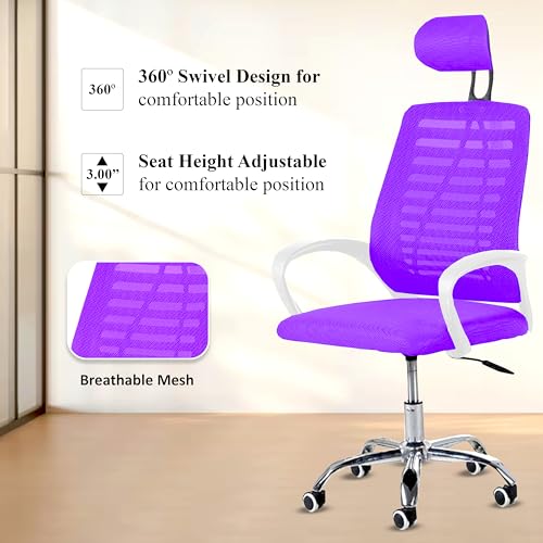 Image of Casa Copenhagen,Mesh Office Desk,Rocking Ergonomic Computer Chair Adjustable High with Headrest and Comfortable Armrest Swivel Chair - Purple & White Handle