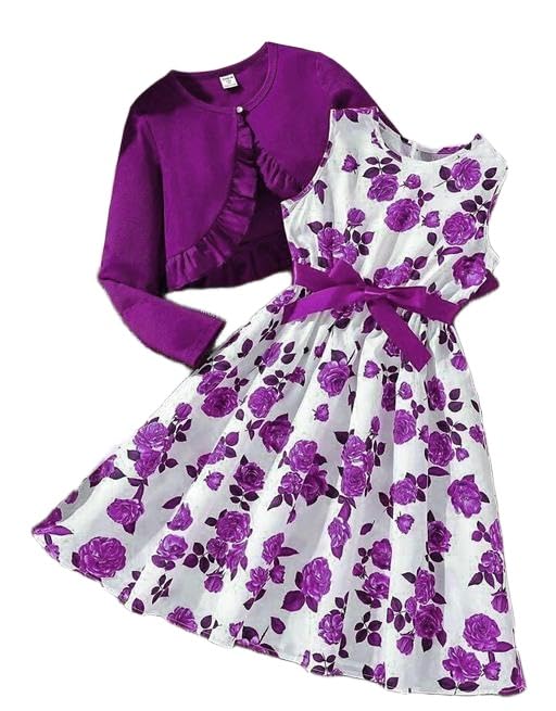 Girl's Floral Printed Frock Short Knee Length Long Sleeve Dora Frocks Dress | New stylishDEEP Purple floralv Girls Dress/Frocks | New Comfortable Girl Frock Designs for Beautiful Outfits-image-33