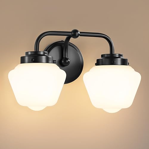 Accesorios de iluminación de tocador de baño 2 lámparas de baño negras de luz sobre espejo con pantalla de vidrio esmerilado blanco lechoso, lámpara