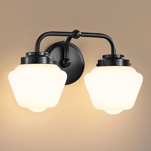 RUIYEY Bathroom Vanity Light Fixtures: Bathroom Lighting Fixtures Over Mirror with Milky White Frosted Glass Shade, Farm