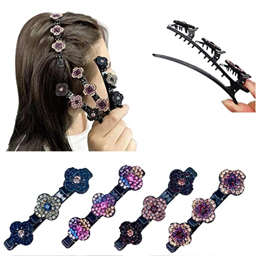 Satin Fabric Hair Bands, Four-Leaf Clover Chopped Hairpin Duckbill Clip, Braided Hair Clip with Rhinestones, Clover Rhinestone Hair Clip for Woman (4PC)