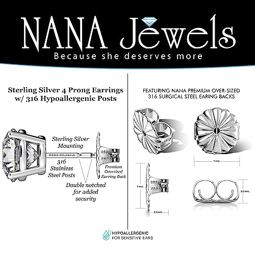 4 Pairs Stud Earrings Set, Hypoallergenic Pure Brilliance Cubic Zirconia 925 Sterling Silver, 4-6.5mm4