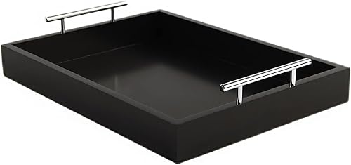 JJSQYLAN Bandeja de madera para servir con asas, bandeja rectangular de desayuno para mesa de café, bandeja otomana decorativa de 16 x 12 pulgadas