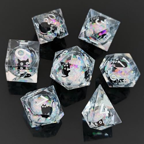 ORUZA Polyedrische DND Würfel Set Liquid Core Katze D&D Würfel Set 7 Stück | Treibsand DND Spielwürfel D4 D6 D8 D10 D12 D20 D% für Dungeons and Dragons RPG MTG Pathfinder Rollenspiele