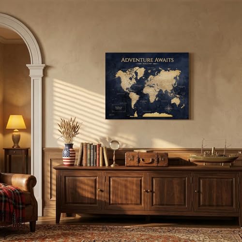 Image of IPIC - Vintage Teal World Map Pin Board Canvas Wall Art, Travel Map with Pins Included, Ready to Hang for Home or Office 30x24 Inch
