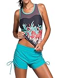 SUNNOE Women's Sleeveless Printed Mesh Splice Racerback Tankini Sets with Boyshort Two Piece Swimsuit Swimwear(Large,Blue(Top & Bottom))