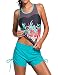 SUNNOE Women's Sleeveless Printed Mesh Splice Racerback Tankini Sets With Boyshort Two Piece Swimsuit Swimwear(Large,Blue(Top & Bottom))