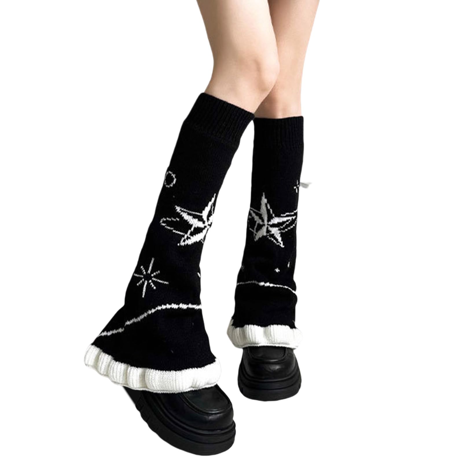 Gkyqve Unisex Black Knitted Leg Warmers With Star Print And Drawstring Aesthetic Fairycore Ruffle Flared Boot Covers Footless Long Socks Knitted Footless Long Socks