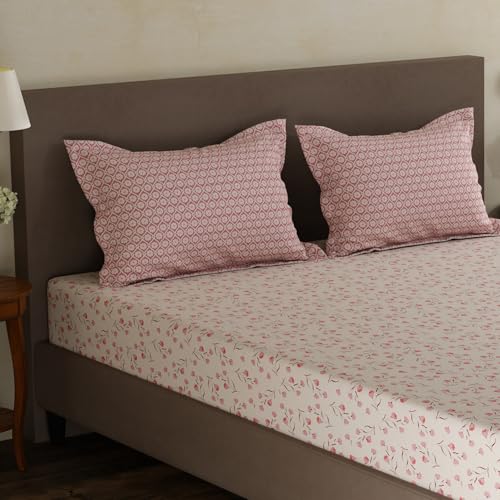 Image of Layers 100% Cotton Double Size Bedsheet Set | Pink Floral Print | 120 TC Forever Collection | Soft & Breathable | Washable Bedsheet with 2 Pillow Covers | All Season