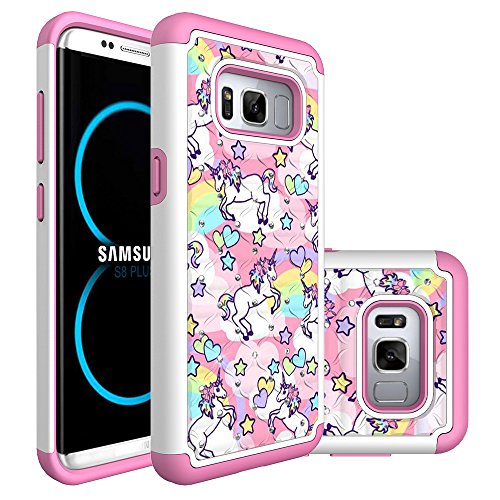 CaseTown Compatible with Samsung Galaxy S8 Plus, S8 Plus Hybrid Case, Heavy Duty Shockproof Studded Rhinestone Crystal Bling Hybrid Case Silicone Protective Armor (Rainbow Unicorn)