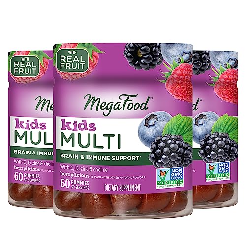 Megafood Kids Multivitamin Gummies - Kids Vitamins - Age 4+ With Vitamin C, Vitamin D, Zinc, Choline, And Real Fruit - Brain & Immune Support - Berrylicious Flavor - 60 Gummies (30 Servings) 3 Pack #TOP8