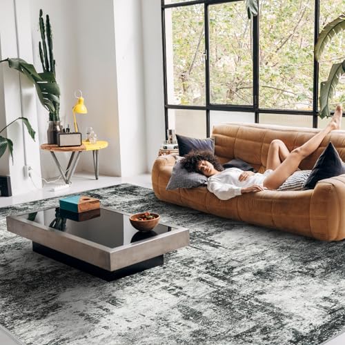 RUUGME 9X12 Abstract Area Rug:Large Washable Living Room Rug Indoor Non Slip Low Pile Carpet for Bedroom Soft Foldable Stain Resistant Distressed Thin Rug for Dining Room Kitchen 9X12 Black A