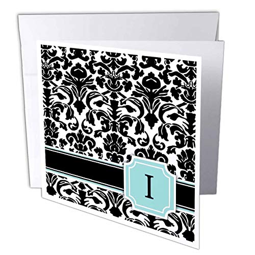 Letter I, Mint Blue Black And White Damask - Initial - Greeting Cards, 6 X 6 Inches, Set Of 12 (Gc_154358_2) #TOP18