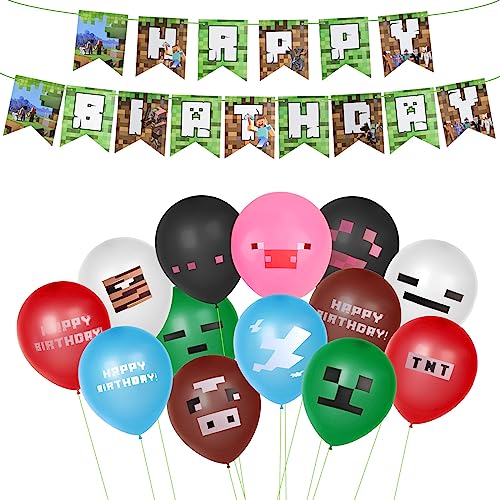 Aila 33PCS Minecraft Birthday Party Decorations，Minecraft Balloons Gaming Birthday Balloons Include 30 Latex Balloon，2 Cartoon Tattoo Sticker，Banner，Birthday Decor Gaming Theme Party Supplies (AL-6)