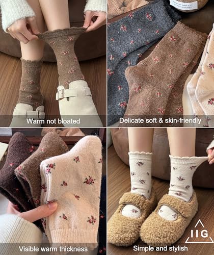 Image of IIG 5 Pairs Women's Vintage Style Thick Wool Warm Winter Crew Socks