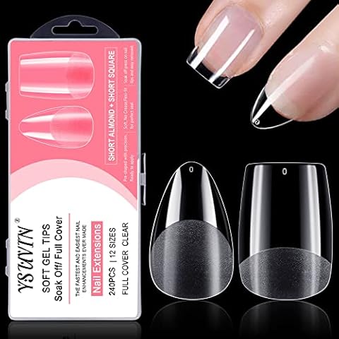YSUVIN Nageltips 240 Stück Fake Nails Transparent, 12 Größen Kurze Mandel und Kurzer Square Cover