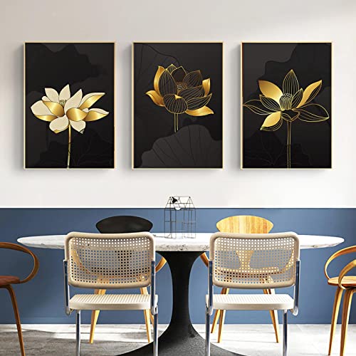 Impression Toile Lotus Doré Grand Format 70x100cm Salon Triptyque
