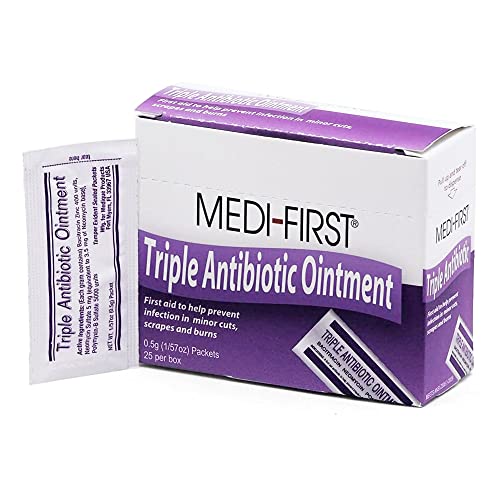 Medi-First First Aid Antibiotic 0.5 Gram Individual Packet Ointment 400 IU - 5 mg - 5,000 IU/Gram Strength, 25 Ct