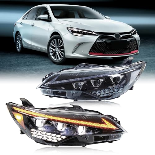 COOLCMP Headlights Compatible with 2015 2016 2017 Camry Hybrid LE SE XSE XLE 7th Gen Projector Headlamp with Dynamic Animation Sequential Turn Signal Left & Right Front Head Lamp