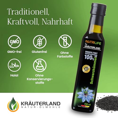 NUTRILIFE by Kräuterland Schwarzkümmelöl 4x250ml (1Liter), ungefiltert, kaltgepresst, ohne Zusatz von Aromen, Frabstoffe & Konservierungsstoffe, reich an Thymochinon, täglich mühlenfrisch