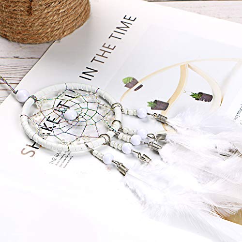 Dremisland Dream Catchers Handmade White Dream Catcher Car Rear View Mirror Pendant Charm with Pearl Ornament (White) - Thumbnail 4