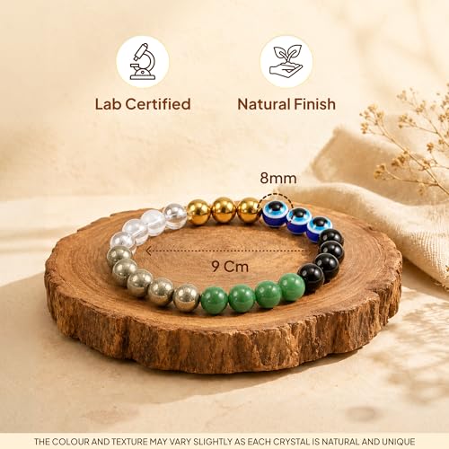 Image of Dhan Suraksha Bracelet For Financial Stability | Hematite, Pyrite, Clear Quartz, Green Jade, Black Tourmaline | Temple Blessed & Energized | For Men & Women | Certified Natural Crystals
