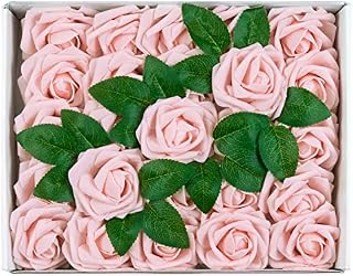 PetalPunch Pink Roses Artificial Flowers - Pack of 25 Artificial Roses with stem & 3 Leaves, foam roses Latex Pink Fake Flowers for Wedding Bouquets & Table Centerpieces