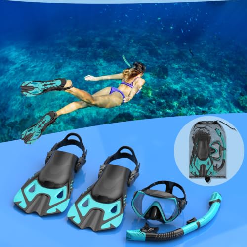 Set de equipo de snorkel para adultos – set de snorkel con tapa seca, máscara panorámica antivaho, aletas ajustables – kit de buceo de viaje con bolsa de almacenamiento miniatura 6