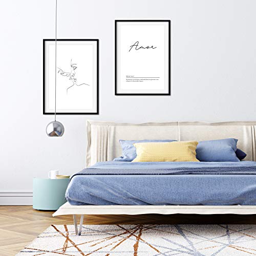 Set de 2 posters lineas femeninas y palabras estilo nordico blanco y negro en tamaño A4 Beso amor sin marco