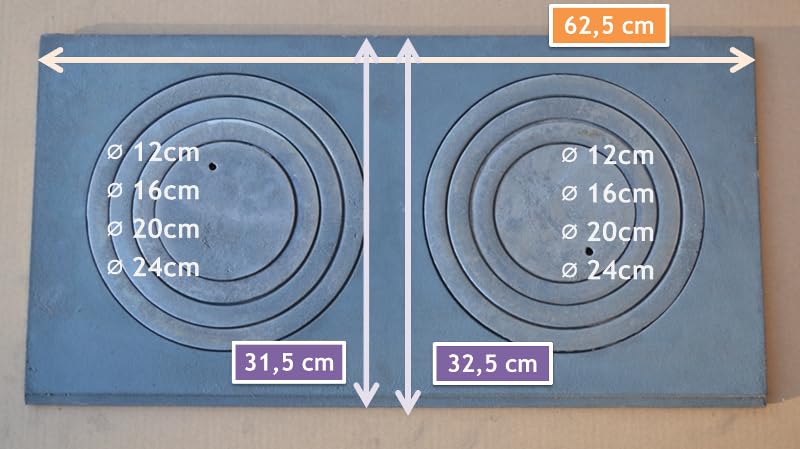 SEZAM Placa de fundición para horno con 2 agujeros, 63 x 31,5 cm, placa de carbón de hierro fundido gris
