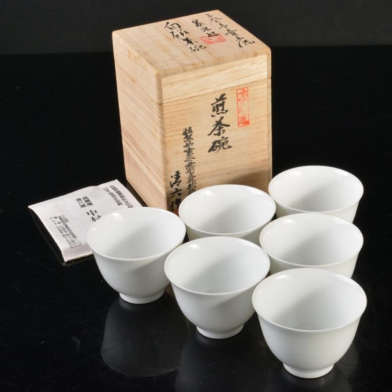 高麗庵　清六窯　中村清六作　白磁　煎茶碗　六客　共箱　M　R6703 高麗庵 清六窯 中村清六作 白磁 煎茶碗 六客 共箱 M R6703 高麗庵 清六