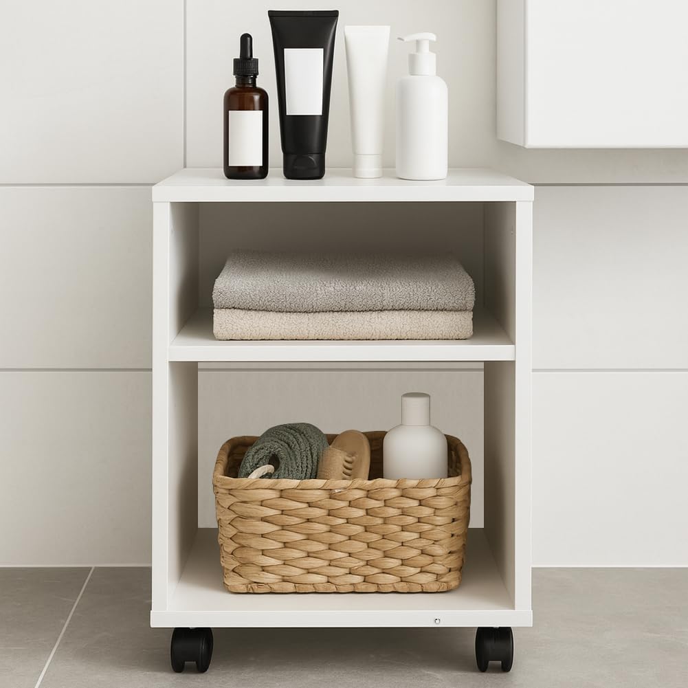 BAKAJI Mobile Ufficio Porta Stampante con Ruote Salvaspazio, Mobiletto Multiuso con 2 Scomparti e 3 Ripiani, Tavolino per Casa, Bagno, Studio in Legno Bianco 40 x 35 x 60 cm