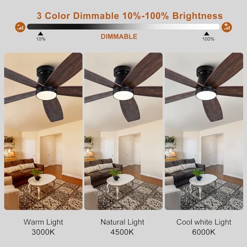 Image of 52 inch Black Flush Mount Ceiling Fans with Lights and Remote, Dimmable Black Bedroom Ceiling Fan with Lights, Walnut Low Profile Ceiling Fan with Light For Bedroom Outdoor, Reversible Quiet DC