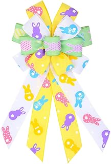 Easter Large Wreath Bows, Spring Easter Colorful Bunny Rabbit Bows for Wreath Bow Decoration White Green Yellow Burlap Wreath Bows for Front Door Tree Bows for Home Door Wall Decor Spring Easter Party