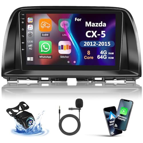 [8 Core 4G+64G] Car Radio for Mazda CX-5 2012-2015 with Wireless CarPlay Android Auto,9" Touchscreen Android 15 Car Stereo with Mirror Link WiFi/GPS,Bluetooth,FM/RDS Radio DSP SWC+Backup Camera