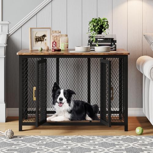 48 Inch Wooden Dog Crate Furniture, Heavy Duty Pet Kennel para perros grandes hasta 110 Lbs, jaula de perro interior con puerta superior, acceso lateral, bandeja extraíble, Estilo de mesa final, mezcl