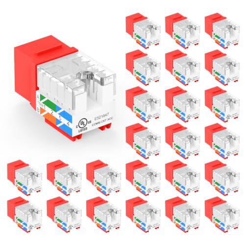 VCE UL Listed Cat6 Keystone Jacks 10Gbps 25-Pack, Red