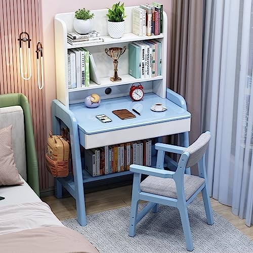 Bureau d'étude gain de place avec rangements surélevés et tiroirs intégrés bleu