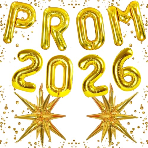 Prom 2026 Balloons Banner Gold 16 inch Foil Letter Balloons Class of 2026 Balloons Congrats 2026 Grad Foil Letter Balloons for Graduation Prom Party Supplies