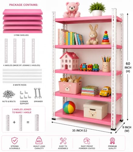 Image of REGILLER 5 Shelf Metal Storage Rack for Home, Kitchen, Bedroom, Office & Store | Heavy Duty Steel Multipurpose Organizer Stand | 60 Inch Height, 35 Inch Length, 9 Inch Width (Pink)