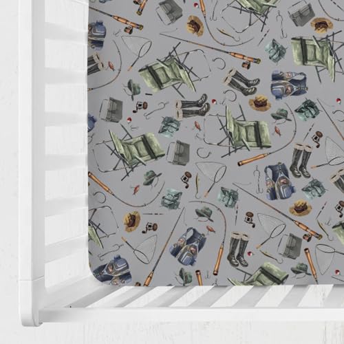 Image of Fishing Baby Crib Sheets 52''x28'' - Snug Fitted Mattress Sheet for Boy Girl Nursery Bedding Decor - Soft Sheets for Standard Crib and Toddler Mattresses - Fishing Lovers Gift